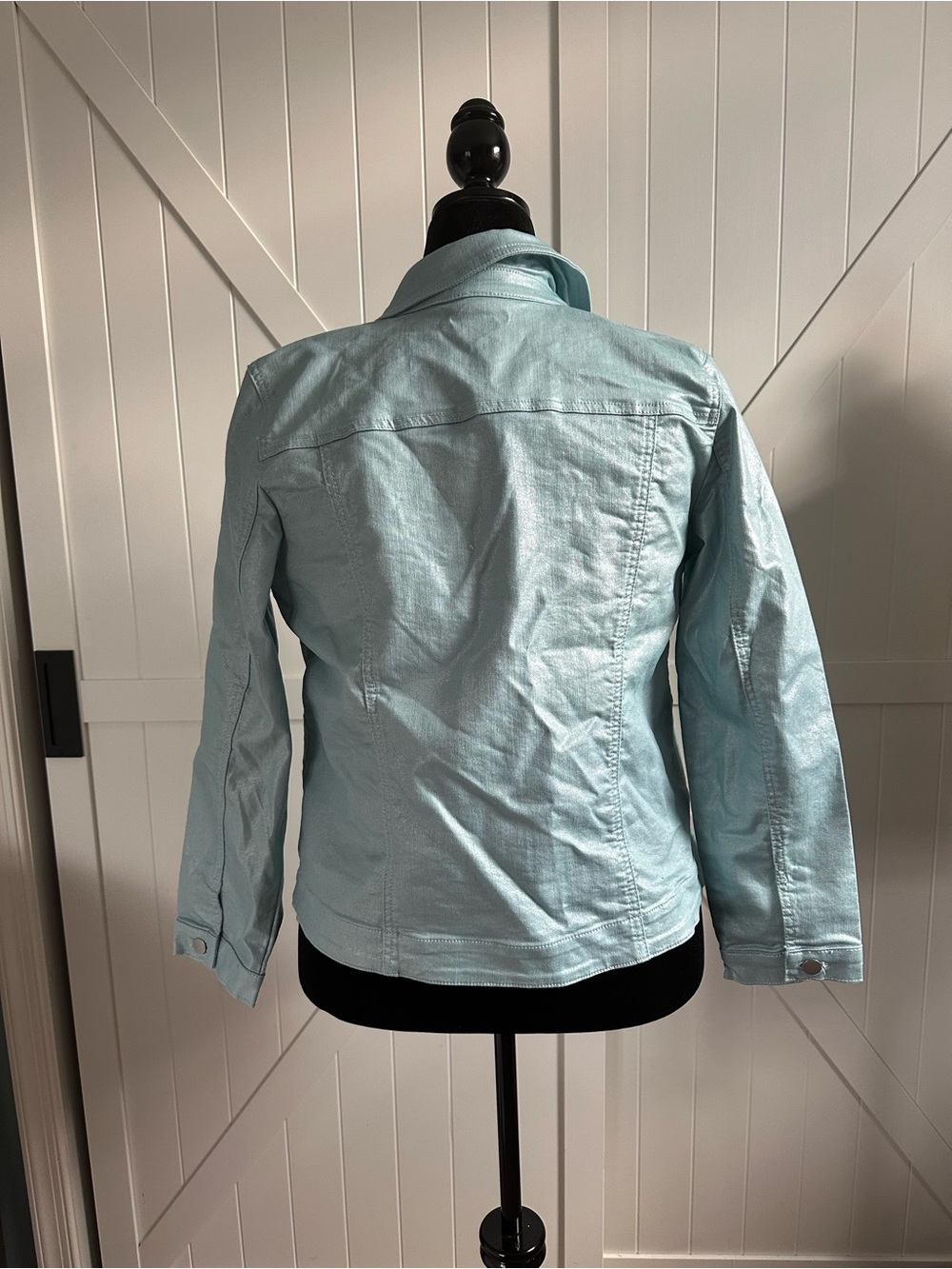 Chico’s Size 2 Aqua Blue Shimmer Stretch Denim Jacket Metallic Sheen Large 12 - Picture 3 of 6